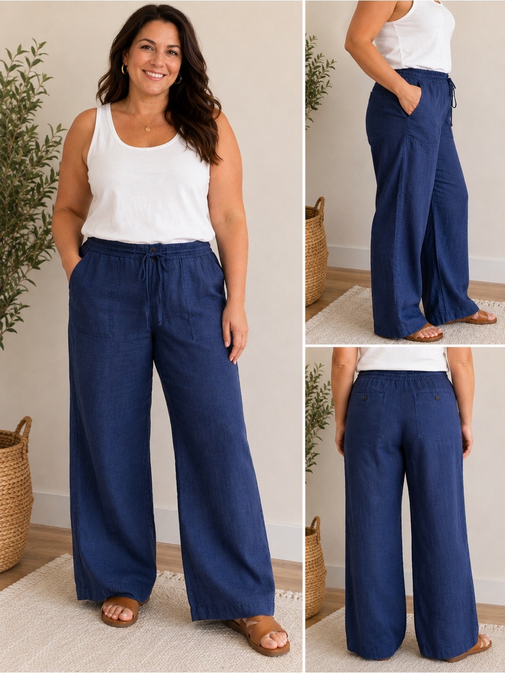 Lauren Ralph Lauren Women’s Size 14 Blue 100% Linen Wide Leg Drawstring Pants